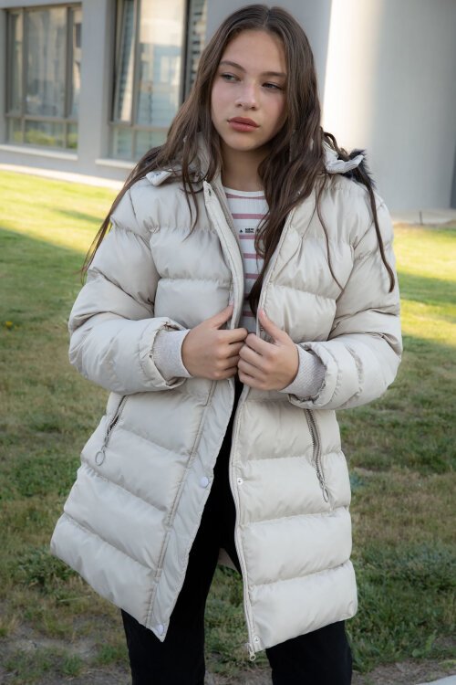 Krem İçi Kürklü Çıtçıtlı Kapüşonlu Kız Çocuk Şişme Mont 21316