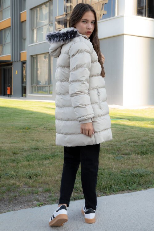 Krem İçi Kürklü Çıtçıtlı Kapüşonlu Kız Çocuk Şişme Mont 21316