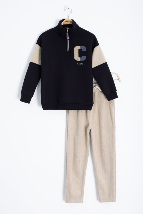 Krem Kadife Pantolonlu Fermuarlı Yaka Şardonlu Erkek Çocuk Takım 23242