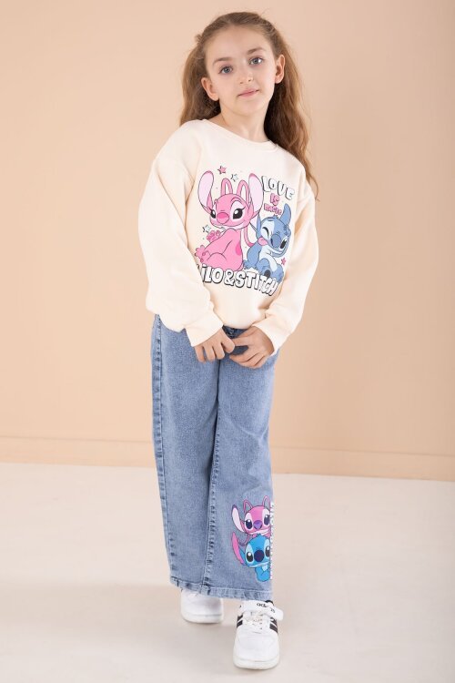 Krem Love Karakter Baskılı Şardonlu Badili Kız Çocuk Pantolonlu 2li Takım 22745
