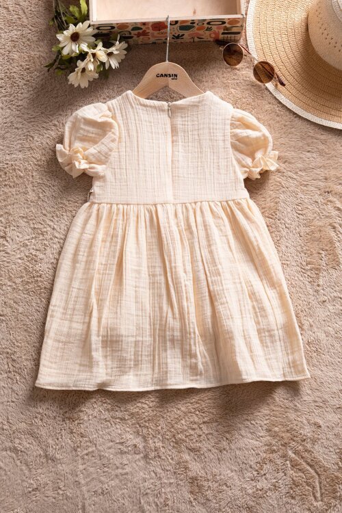 Krem Müslin Kumaş Önü Dantelli Kız Bebek Elbise  22675