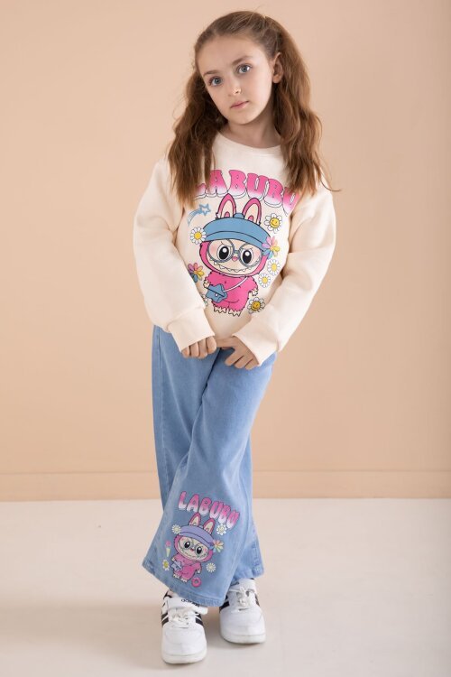 Krem Sevimli Karakter Baskılı Jean Pantolonlu Kız Çocuk 2li Takım  22749