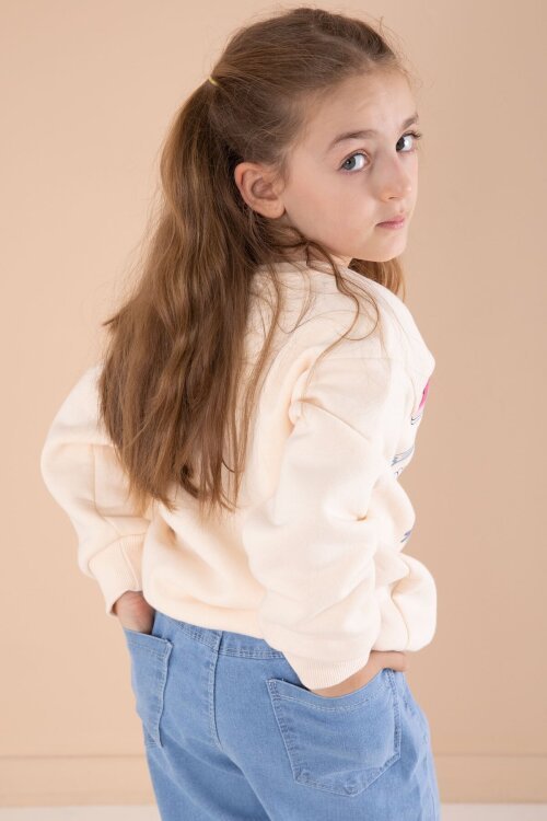 Krem Sevimli Karakter Baskılı Jean Pantolonlu Kız Çocuk 2li Takım  22749