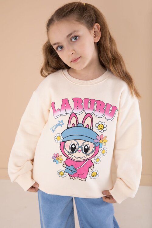 Krem Sevimli Karakter Baskılı Jean Pantolonlu Kız Çocuk 2li Takım  22749