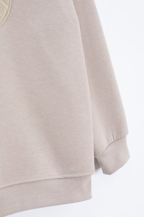 Krem Yazı Nakışlı Bisiklet Yaka Erkek Çocuk Şardonlu Sweatshirt 23247