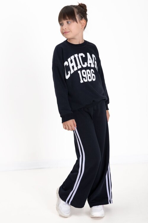 Lacivert Chicago Baskılı Kız Çocuk Şeritli Eşofman Takımı  22728