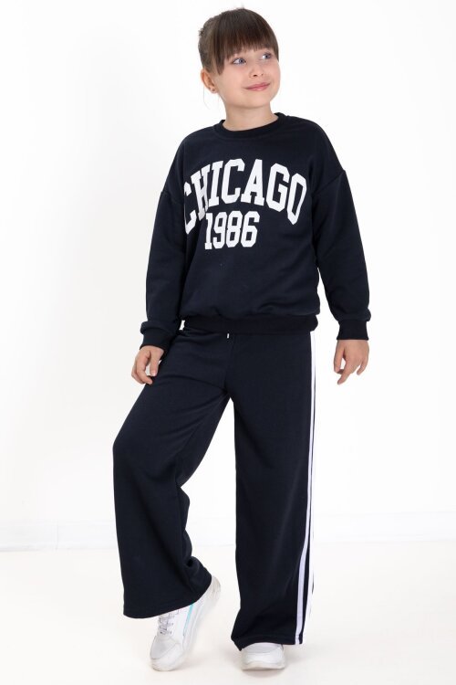 Lacivert Chicago Baskılı Kız Çocuk Şeritli Eşofman Takımı  22728