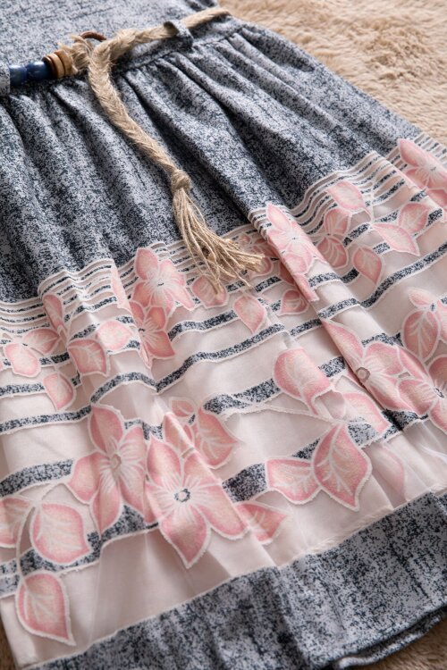 Lacivert Çiçek Desenli Hasır Kuşaklı Kısa Kol Kız Çocuk Elbise 22649