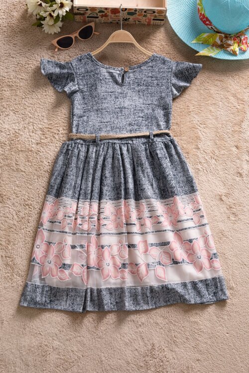 Lacivert Çiçek Desenli Hasır Kuşaklı Kısa Kol Kız Çocuk Elbise 22649