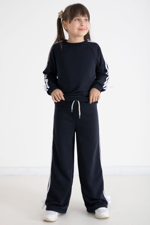 Lacivert Fiyonk Detaylı Şeritli Kız Çocuk Bisiklet Yaka Eşofman Takımı 22732