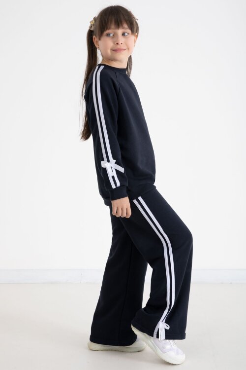 Lacivert Fiyonk Detaylı Şeritli Kız Çocuk Bisiklet Yaka Eşofman Takımı 22732