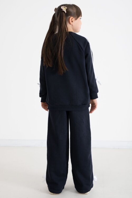 Lacivert Fiyonk Detaylı Şeritli Kız Çocuk Bisiklet Yaka Eşofman Takımı 22732