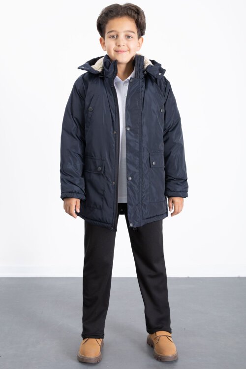 Lacivert İçi Kürklü Çıkarılabilir Kapüşonlu Basic Erkek Çocuk Şişme Mont 21436