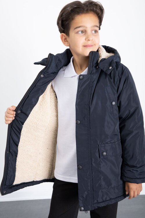 Lacivert İçi Kürklü Çıkarılabilir Kapüşonlu Basic Erkek Çocuk Şişme Mont 21436