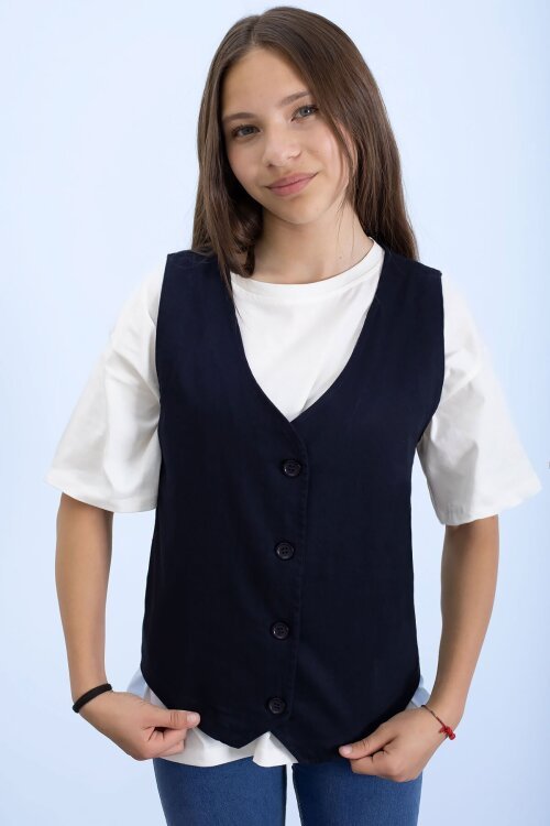 Lacivert Keten Düğmeli Yelekli Oversize Tişörtlü Kız Çocuk 2li Takım 21007