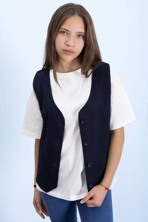 Lacivert Keten Düğmeli Yelekli Oversize Tişörtlü Kız Çocuk 2li Takım 21007