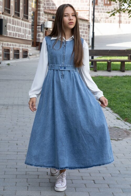 Lacivert Önü Fermuarlı Klasik Gömlekli Kız Çocuk Kuşaklı Jean Elbise 22738