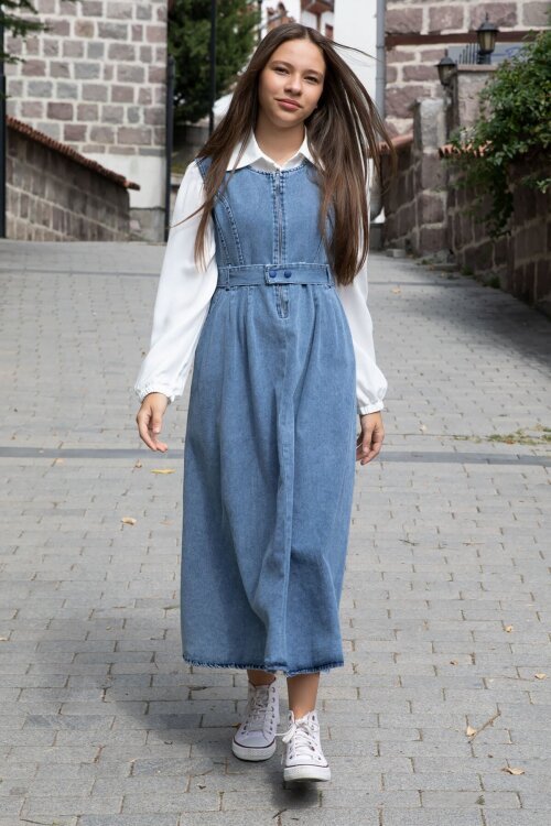 Lacivert Önü Fermuarlı Klasik Gömlekli Kız Çocuk Kuşaklı Jean Elbise 22738