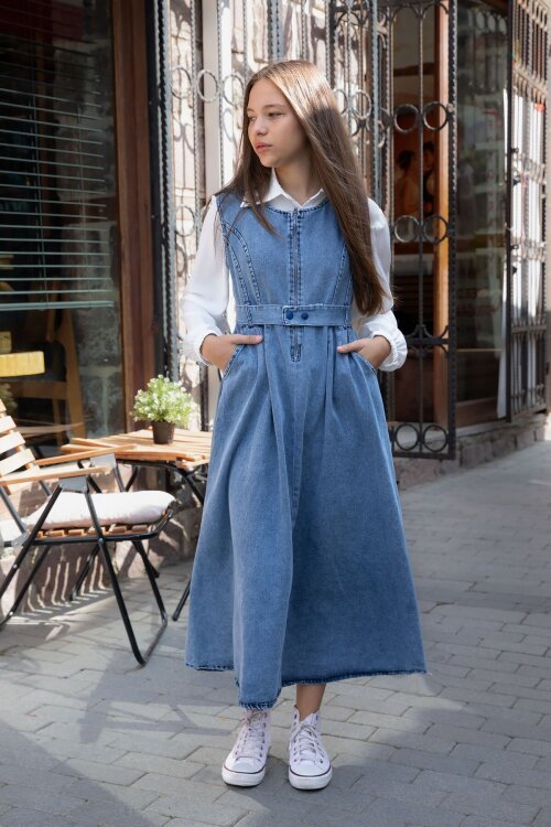 Lacivert Önü Fermuarlı Klasik Gömlekli Kız Çocuk Kuşaklı Jean Elbise 22738