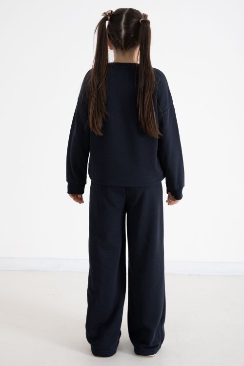 Lacivert Payetli Girl Yazılı Kız Çocuk Geniş Paça Eşofman Takımı 22729