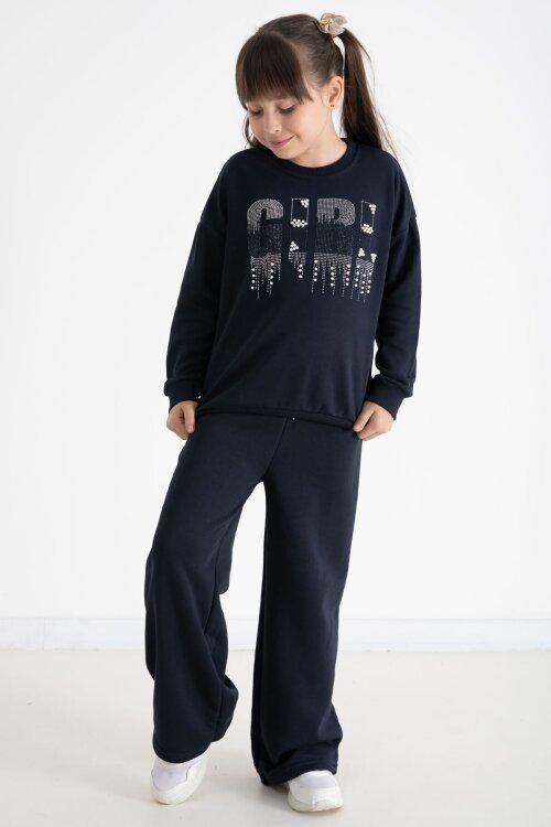 Lacivert Payetli Girl Yazılı Kız Çocuk Geniş Paça Eşofman Takımı 22729
