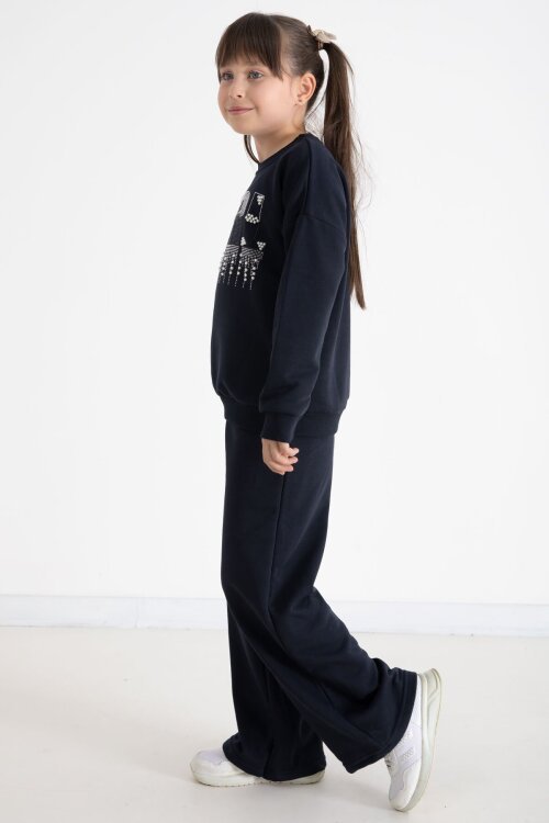 Lacivert Payetli Girl Yazılı Kız Çocuk Geniş Paça Eşofman Takımı 22729