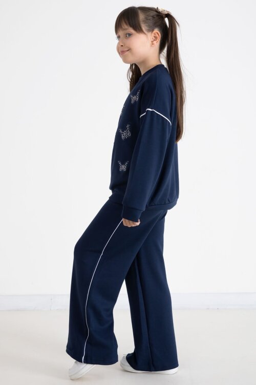 Lacivert Payetli Kelebek İşlemeli Geniş Paça Kız Çocuk Eşofman Takımı 22735