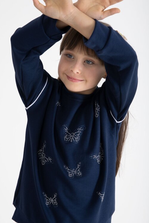 Lacivert Payetli Kelebek İşlemeli Geniş Paça Kız Çocuk Eşofman Takımı 22735