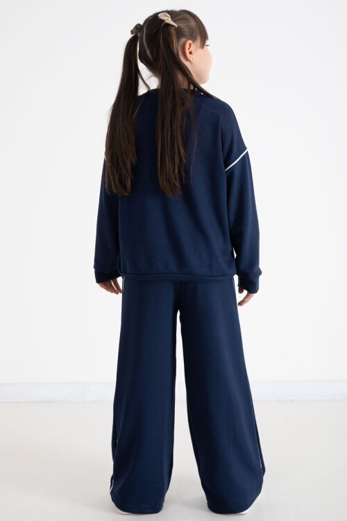 Lacivert Payetli Kelebek İşlemeli Geniş Paça Kız Çocuk Eşofman Takımı 22735