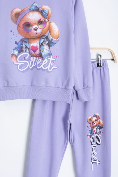 Lila Ayıcık Baskılı Beli Lastikli Kız Çocuk Eşofman Takımı  22754
