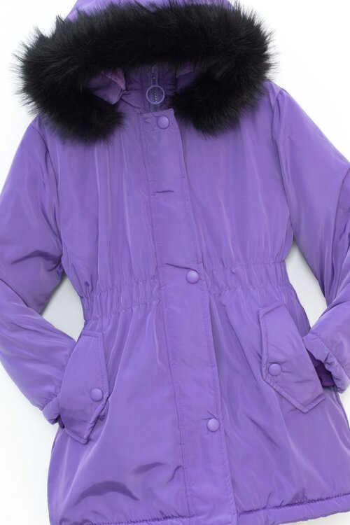 Lila Çıtçıtlı Cepli Esnek Bel İçi Kürklü Kız Çocuk Kapüşonlu Mont 21310