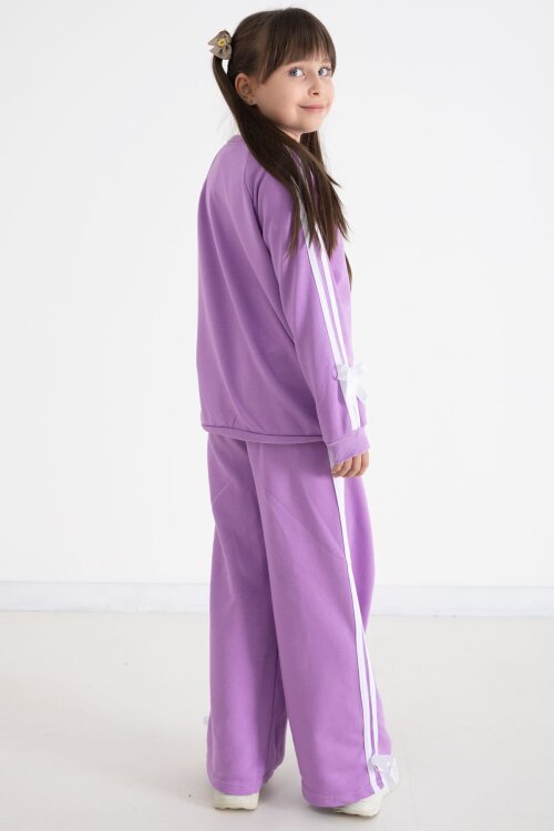 Lila Fiyonk Detaylı Şeritli Kız Çocuk Bisiklet Yaka Eşofman Takımı 22733