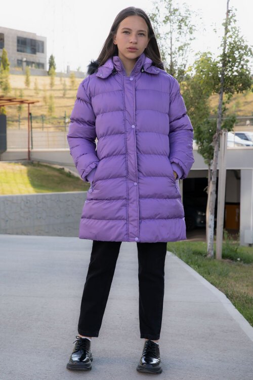 Lila İçi Kürklü Çıtçıtlı Kapüşonlu Kız Çocuk Şişme Mont 21322