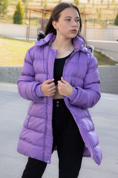 Lila İçi Kürklü Çıtçıtlı Kapüşonlu Kız Çocuk Şişme Mont 21322