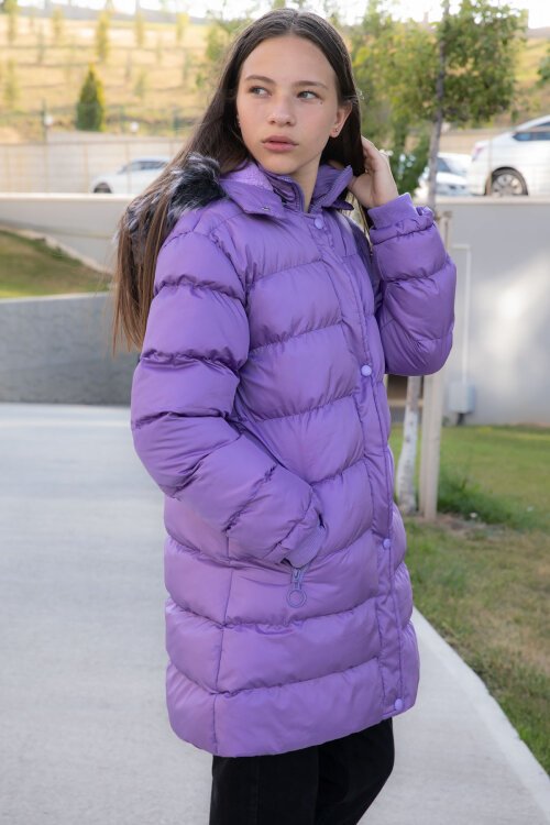 Lila İçi Kürklü Çıtçıtlı Kapüşonlu Kız Çocuk Şişme Mont 21322