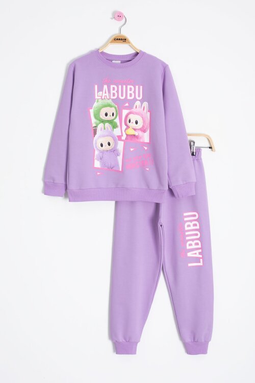 Lila Karakter Baskılı Bisiklet Yaka Kız Eşofman Takımı 23277