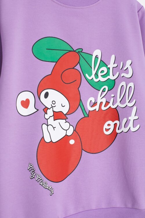 Lila Kız Çocuk Kiraz Karakter Baskılı Bisiklet Yaka Eşofman Takımı 23271