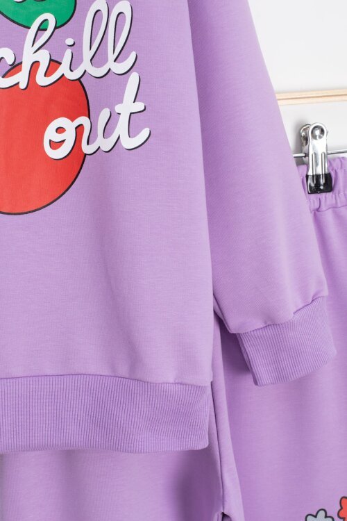 Lila Kız Çocuk Kiraz Karakter Baskılı Bisiklet Yaka Eşofman Takımı 23271