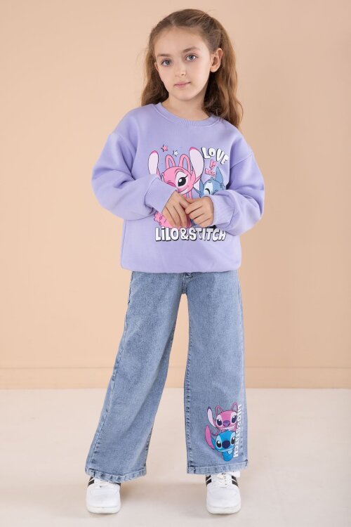 Lila Love Karakter Baskılı Şardonlu Badili Kız Çocuk Pantolonlu 2li Takım 22746
