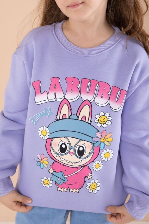 Lila Sevimli Karakter Baskılı Jean Pantolonlu Kız Çocuk 2li Takım  22750