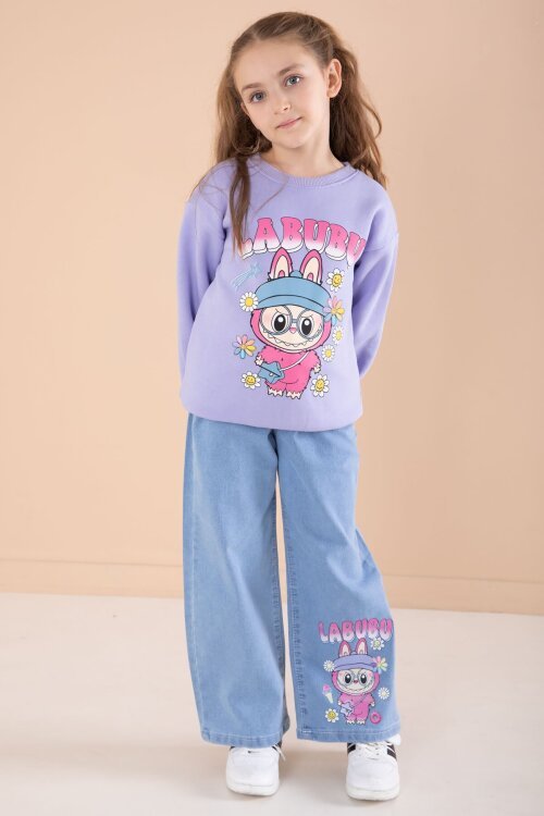 Lila Sevimli Karakter Baskılı Jean Pantolonlu Kız Çocuk 2li Takım  22750
