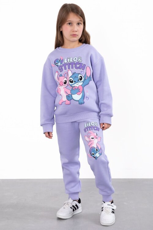 Lila Sevimli Simli Karakter Baskı Şardonlu Kız Çocuk Eşofman Takım 23295