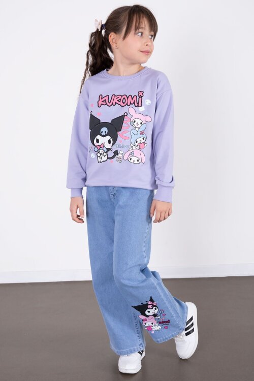 Lila Simli Baskılı Badili Jean Pantolonlu Kız Çocuk 2li Takım 22757