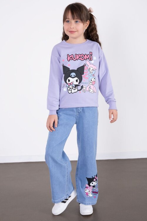 Lila Simli Baskılı Badili Jean Pantolonlu Kız Çocuk 2li Takım 22757