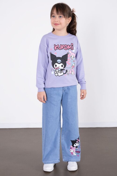 Lila Simli Baskılı Badili Jean Pantolonlu Kız Çocuk 2li Takım 22757