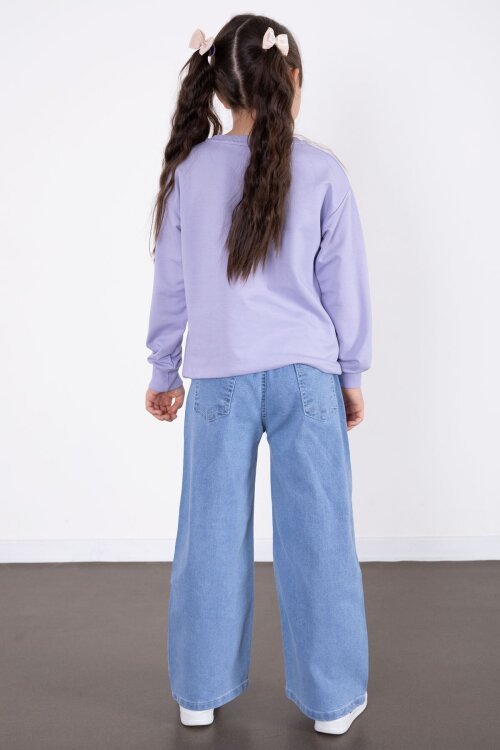 Lila Simli Baskılı Badili Jean Pantolonlu Kız Çocuk 2li Takım 22757