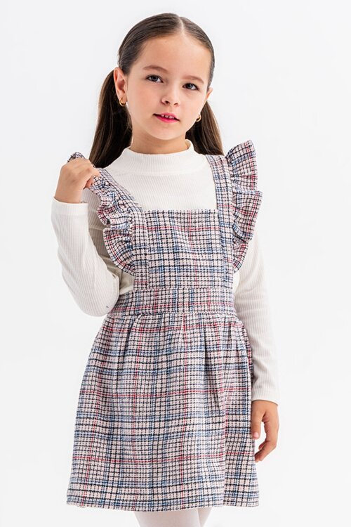 Mavi Kız Çocuk Ekose Desenli Salopet Takım 22681