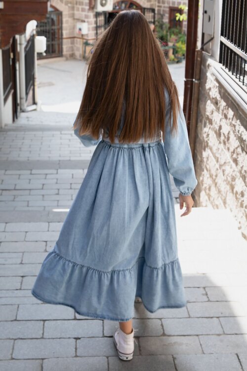 Mavi Kız Çocuk Kuşaklı Düğme Kapmalı Jean Elbise 20495