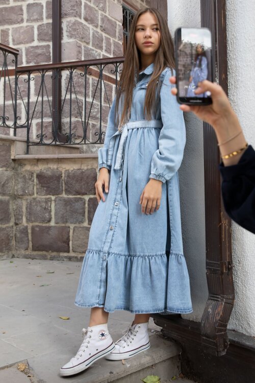 Mavi Kız Çocuk Kuşaklı Düğme Kapmalı Jean Elbise 20495