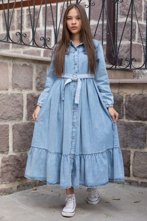 Mavi Kız Çocuk Kuşaklı Düğme Kapmalı Jean Elbise 20495